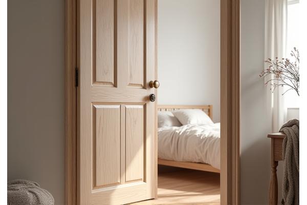 Light oak wooden door with vertical paneling, leading into a cozy Hygge-inspired apartment bedroom
