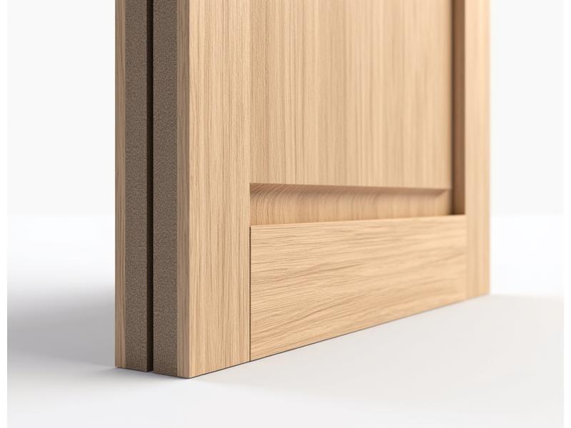 Detailed cutaway view of a soundproof wooden door revealing multiple layers of specialized acoustic materials, solid wood core, and dense insulation.