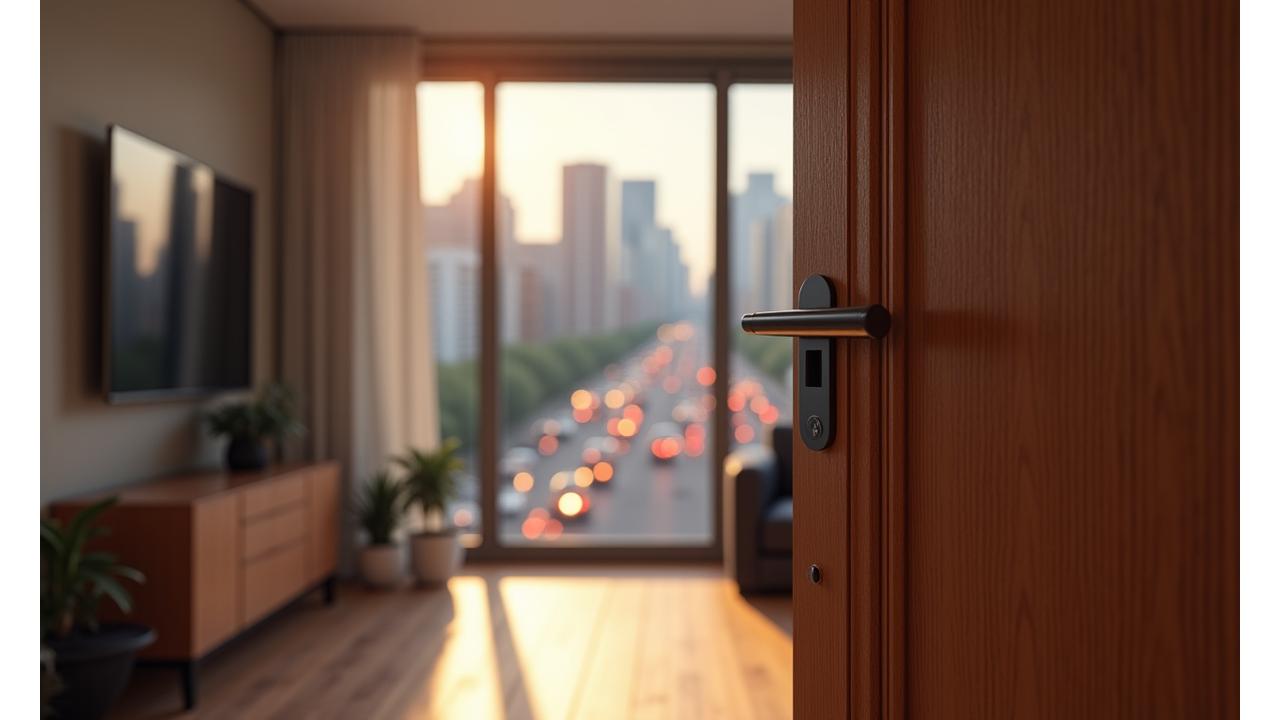 Modern apartment interior with a soundproof wooden door closed, creating a sense of calm amidst a blurred bustling city view outside a large window.